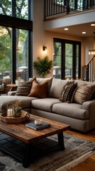 Fototapeta premium Serene modern living room with neutral gray sectional sofa adorned with textured pillows, wooden coffee table with decorative tray, and floor-to-ceiling windows overlooking nature in luxury