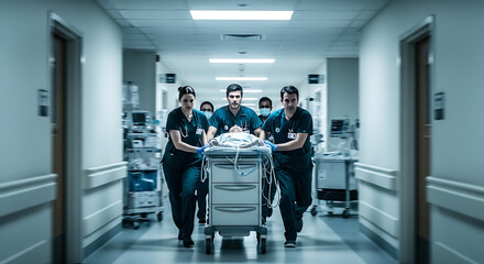 Emergency Transport: Medical Team Rushing Patient in Hospital
