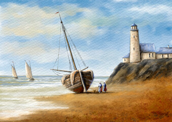 Old fishing boat, old boat on the beach, watercolor paintings sea landscape, fine art, Illustration painted by the artist