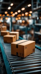 Modern cardboard packages moving on conveyor belt in automated warehouse with warm bokeh lights overhead in logistics distribution center