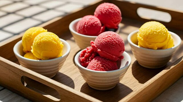 Assorted fruit sorbets in colorful ceramic bowls on a wooden tray. Colorful scoops of ice cream in bowls on a wooden tray