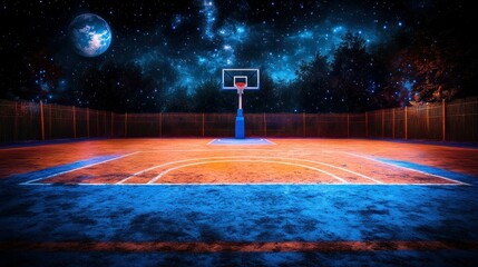 Empty basketball court at night under a starry sky