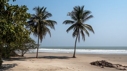 Fototapeta premium Blank beach wishcard palm trees ocean waves seashells in sand sunny atmosphere no words