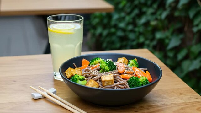 Soba noodle bowl with tofu, broccoli, and carrots, sesame sprinkled, chopsticks resting. Healthy vegetable soba noodles with tofu and lemonade on table  