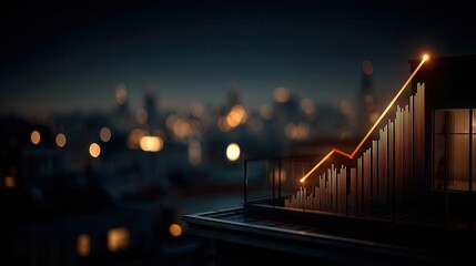 Confident upward trending financial graph illuminated against blurred city skyline at dusk, showing business growth data visualization with urban background and bokeh lights, finance analytics