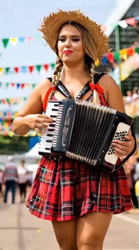 A young Brazilian woman playing the accordion at the S&atilde;o Jo&atilde;o festival