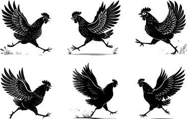 Running Chicken Silhouette Set, Funny Farm Bird Vector Illustration for T-Shirts and Design Projects
