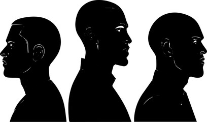 Side Profile Silhouette Vector of Three Men, Black and White Male Head Illustration