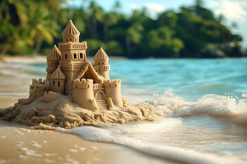 A detailed sandcastle stands on the beach.
