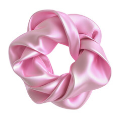 Beautiful pink satin scrunchie, elegantly twisted into circular shape, showcasing its smooth texture and vibrant color. This accessory adds touch