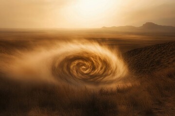 A swirling vortex of dust and sand creates a mesmerizing spectacle in a vast desert landscape under a warm sunset.