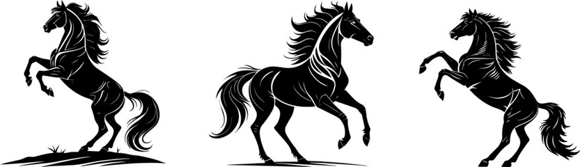 Rearing Horse Silhouette Set, Majestic Black Vector Horses for Logos, Tattoos, and Design Projects