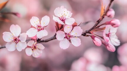 Obraz premium Delicate pink blossoms adorning a slender branch evoke spring's ephemeral charm