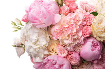 PNG. uxurious round bouquet of pink and white peonies, roses, hydrangeas and Asian buttercups.
