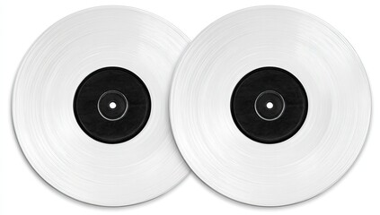 Two translucent white vinyl records with black center labels