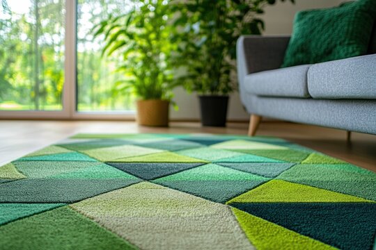 Geometric green rug in a living room with a grey sofa and lush green plants, creating a tranquil atmosphere.