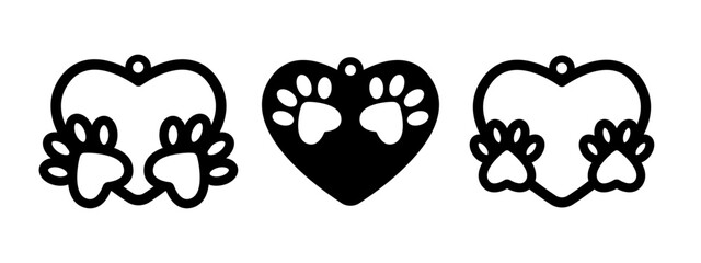 Heart shaped designs with animal paws for earrings, pendant or keychain. Jewelry silhouette laser cut template. Dog or cat footprint jewellery vector stencil. Cnc cutting with metal, wood or leather