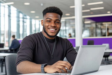 Smiling african american young 19 years old male working on laptop in modern office space