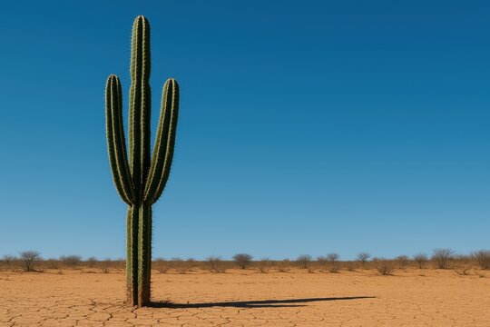 Cacto mandacaru solit&aacute;rio em paisagem &aacute;rida do sert&atilde;o brasileiro, c&eacute;u azul limpo, foto horizontal minimalista
