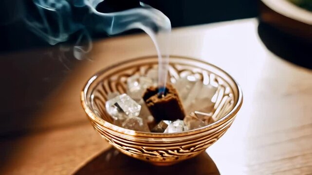Burning palo santo stick with clear crystals inside patterned bowl on a brown wooden surface, emitting white smoke