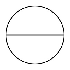 Minimalist black line chart, outline style.. Divided circle in two segments. Pieround shape cut in 2 slices. 