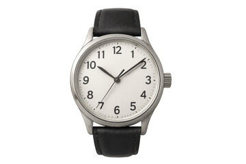 Classic analog wristwatch with black leather strap and white dial indicating time against a transparent background