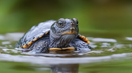A soft-shelled turtle glides in shallow water with gentle ripples and muted green tones.