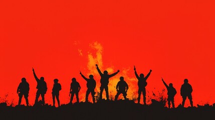 A group of soldiers are standing on a hill, with one of them holding a flag