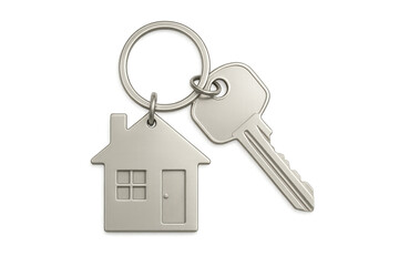 Keychain with house shape and key representing real estate, mortgage, and homeownership, isolated on transparent background