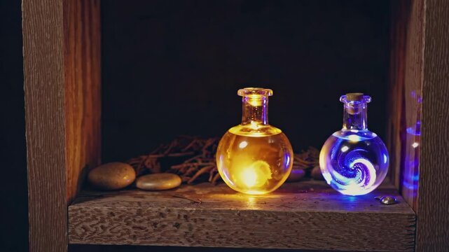 Mystical glowing potion bottles: colorful swirls and vibrant illuminations on a wooden shelf