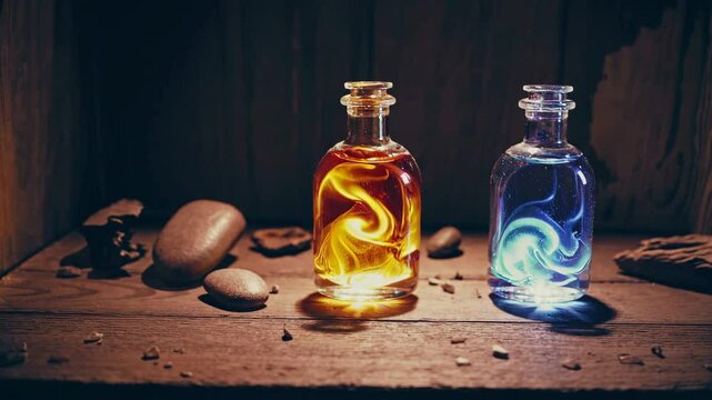 Magical potion bottles swirling with vibrant colorful liquids on wooden surface