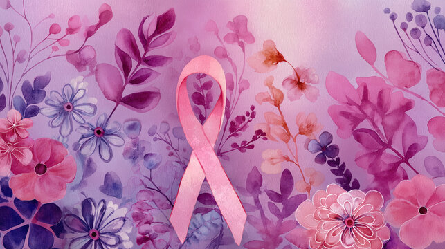 Soft watercolor background in shades of lavender and rose pink, featuring hand-painted cervical cancer awareness ribbons and delicate floral elements - Powered by Adobe