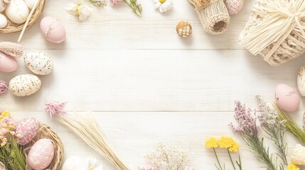 Blank easter wishcard ritual items pastel tones traditional festive elements no text culturally respectful and Adobe Stock compliant