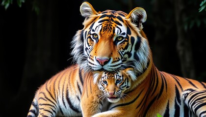 A majestic mother tiger embraces her cub in a tender moment of affection