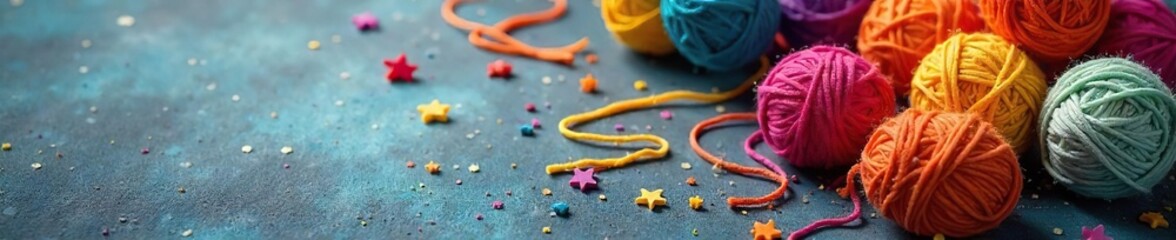 Vibrant rainbow-colored yarn balls scattered on a textured surface, creating a playful and artistic composition Perfect for craft, hobby, and textile projects , thread yarn, hobby supplies, textile