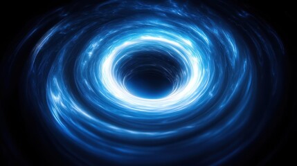 Bright swirling blue vortex resembling a glowing black hole with dynamic swirling light rays in a dark space environment