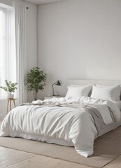 White linens, king bed, minimalist Scandinavian bedroom, airy, decor, linens
