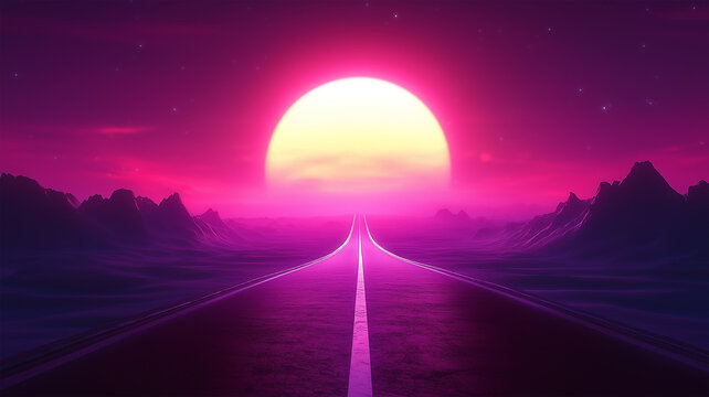 幻想的なピンクの空と一直線の道路