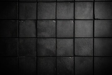 Close-up of black square textured tiles arranged in a grid pattern with subtle light reflections and slightly worn edges