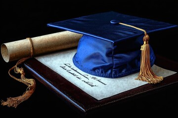 blue graduation cap with golden tassel resting on a diploma scroll and certificate with elegant script on dark background symbolizing academic achievement