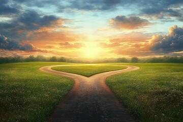 Sunlit rural landscape with green grass and a heart-shaped forked dirt path under a colorful sky with glowing clouds at sunset