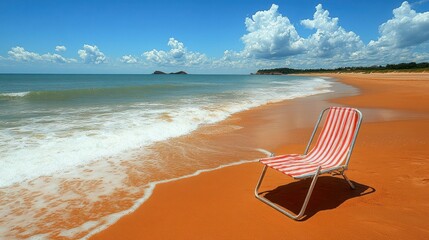 Empty beach chair on a vibrant sandy shore, with gentle waves