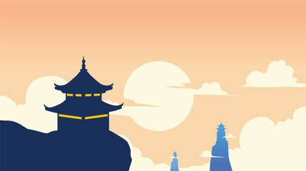silhouette of a temple on a cliff with clouds and sunset, natural landscape background concept