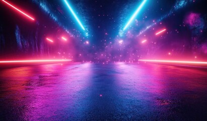 Futuristic tunnel with vibrant blue and pink neon lights reflecting on wet textured floor surrounded by glowing particles creating a sci-fi ambiance
