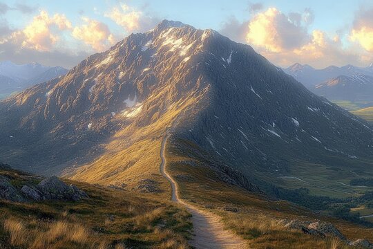 Sunlit mountain with a winding dirt path leading towards the peak under a bright sky with scattered clouds at golden hour