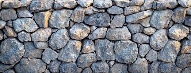 close-up view of a dry stone wall made of irregularly shaped rocks tightly fitted together with warm sunlight casting soft shadows