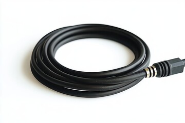 Coiled black cable with connector on white background