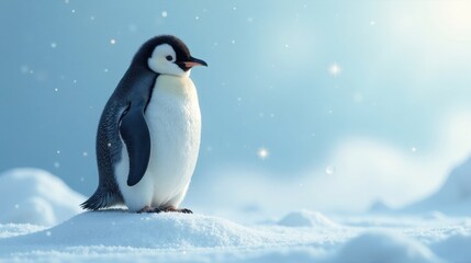 Obraz premium A lone penguin chick stands on a snowdrift, gazing toward a serene, softly falling snow landscape