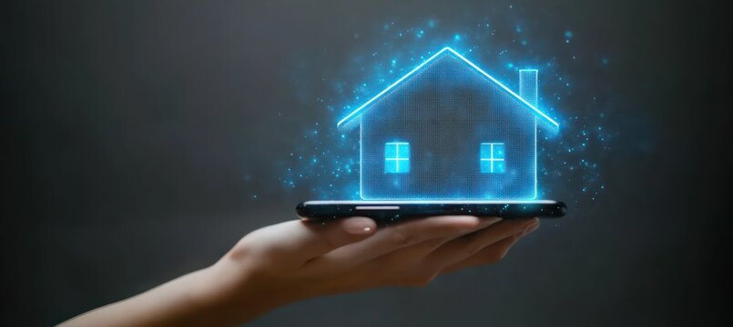 Hand holding smartphone projecting glowing blue digital house hologram with windows and chimney in dark background representing smart home technology
