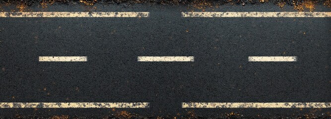Close-up top view of a textured asphalt road with faded white dashed lane markings and dirt scattered along edges